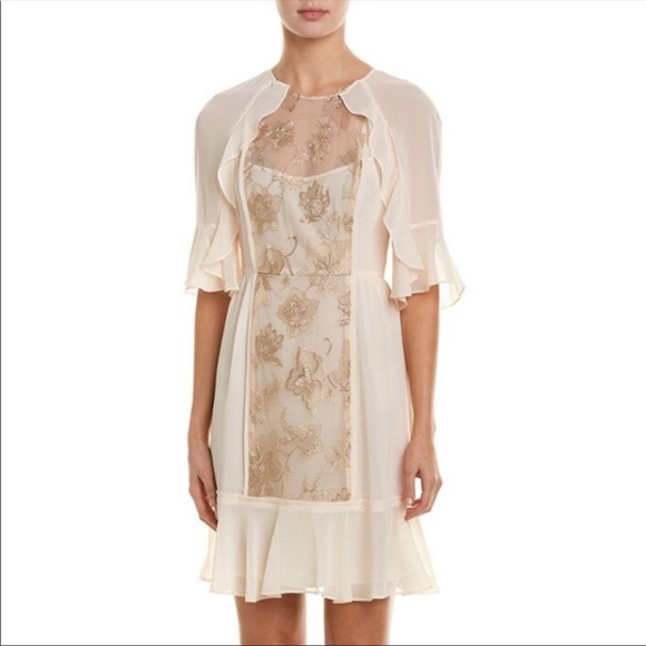 BCBGMaxAzria Cream Metallic Flower Ruffle Cocktail Mini Dress Size 2 NWT - Picture 1 of 8